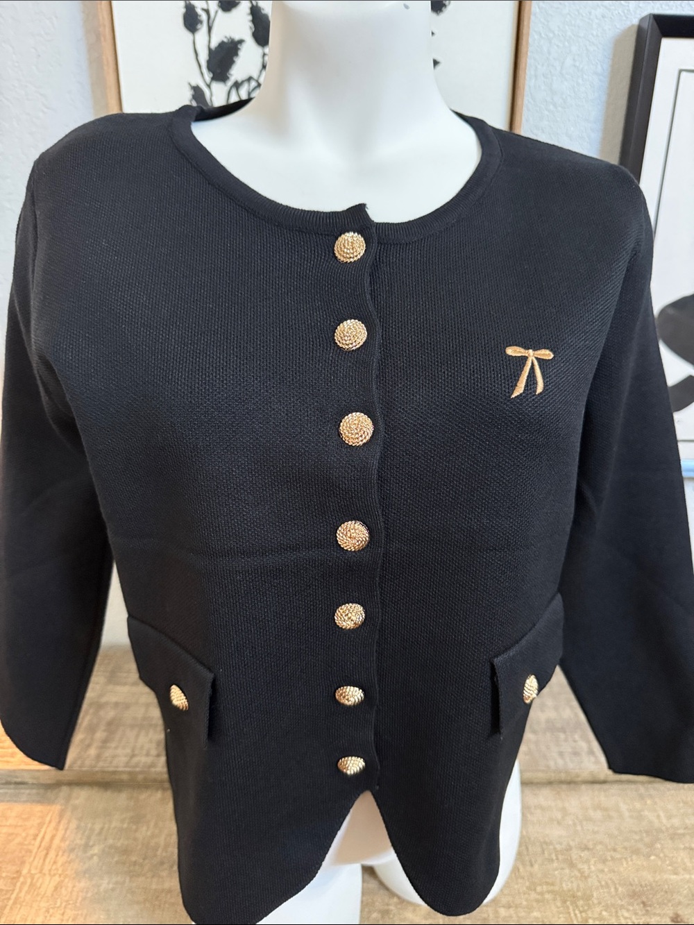 Black Cardigan with Gold Button Accents